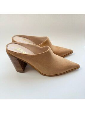 Size 6.5 Mules Pointed Toe Slip on Shoes, block high heel, camel FOWT